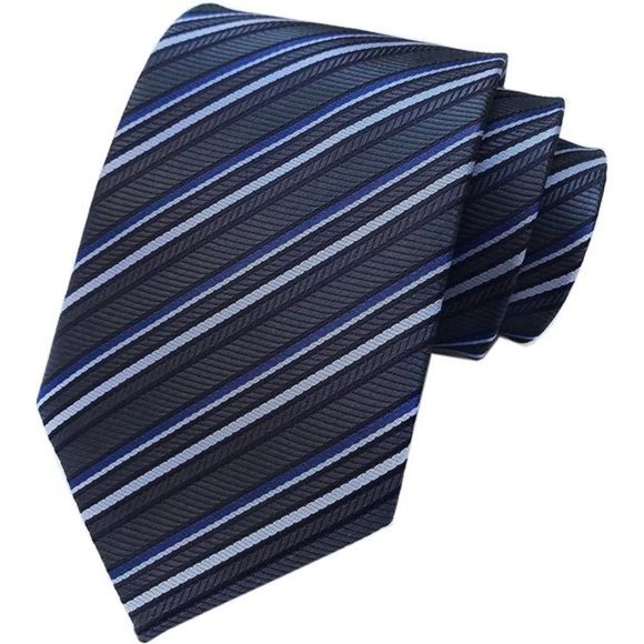 Men's Gingham Check Stripe Ties Pattern Dark Grey Blue - Picture 2 of 2